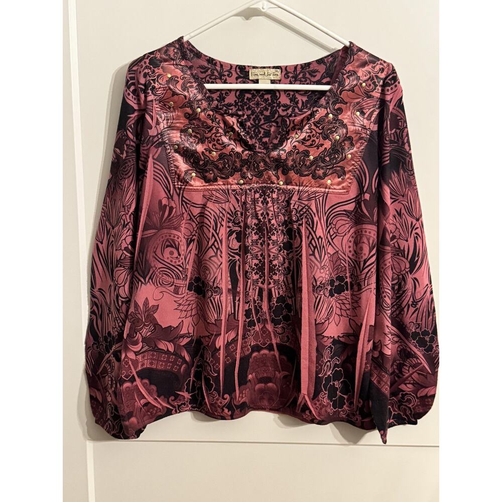 Live And Let Live Tunic Top Womens XL Pink Floral Studded V Neck Boho Sleeve